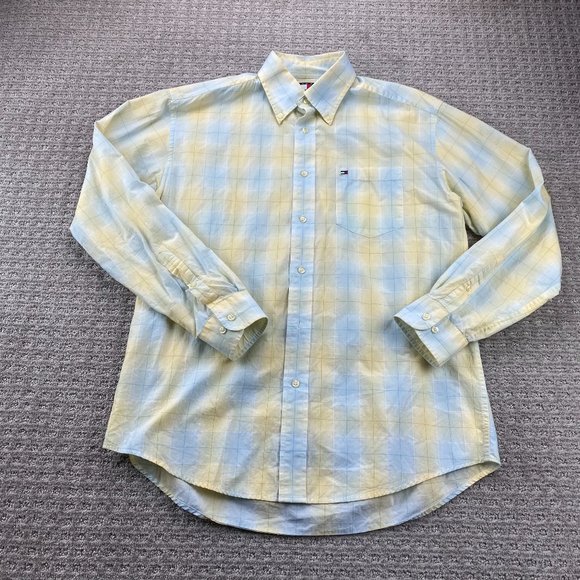 Tommy Hilfiger Shirt Men Medium M Yellow Blue Plaid Button Down DEFECT BUTTON - Picture 1 of 14